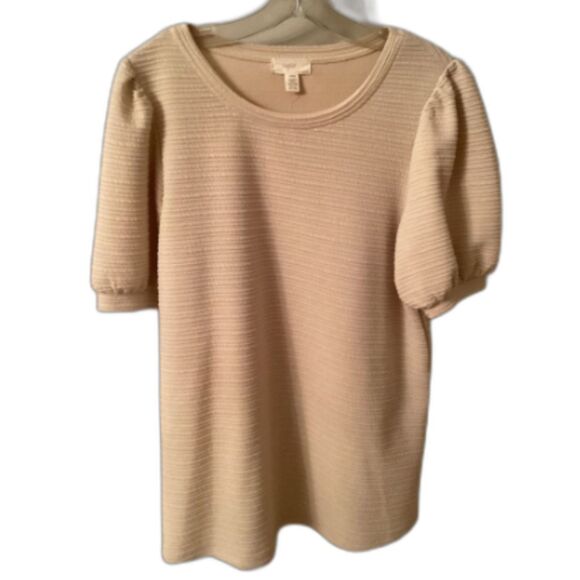 CUPIO SIZE LARGE TAN RIBBED SHORT PUFF SLEEVE LONG LINE TOP - Picture 1 of 8